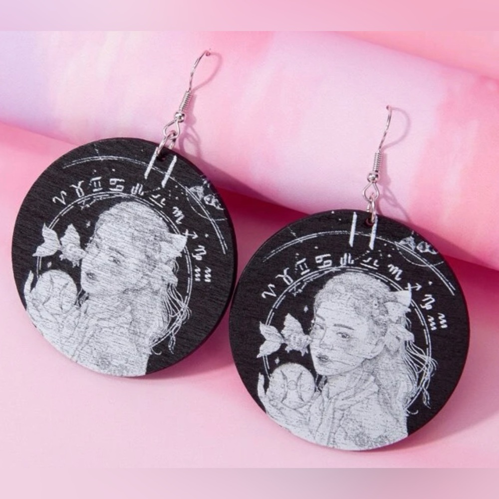 🦇4 for $20! wooden black and white anime girl sad girl earrings